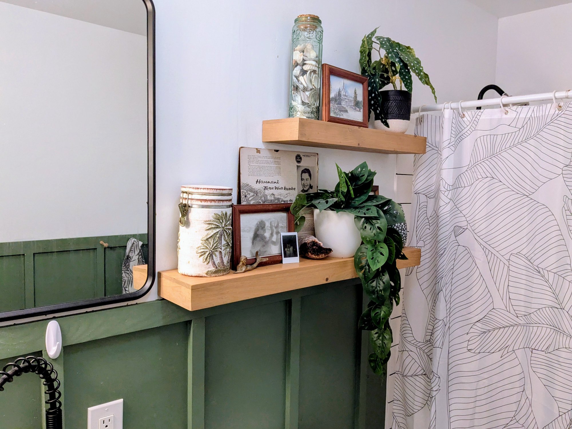 Bathroom with floating wood shelves and tropical plants