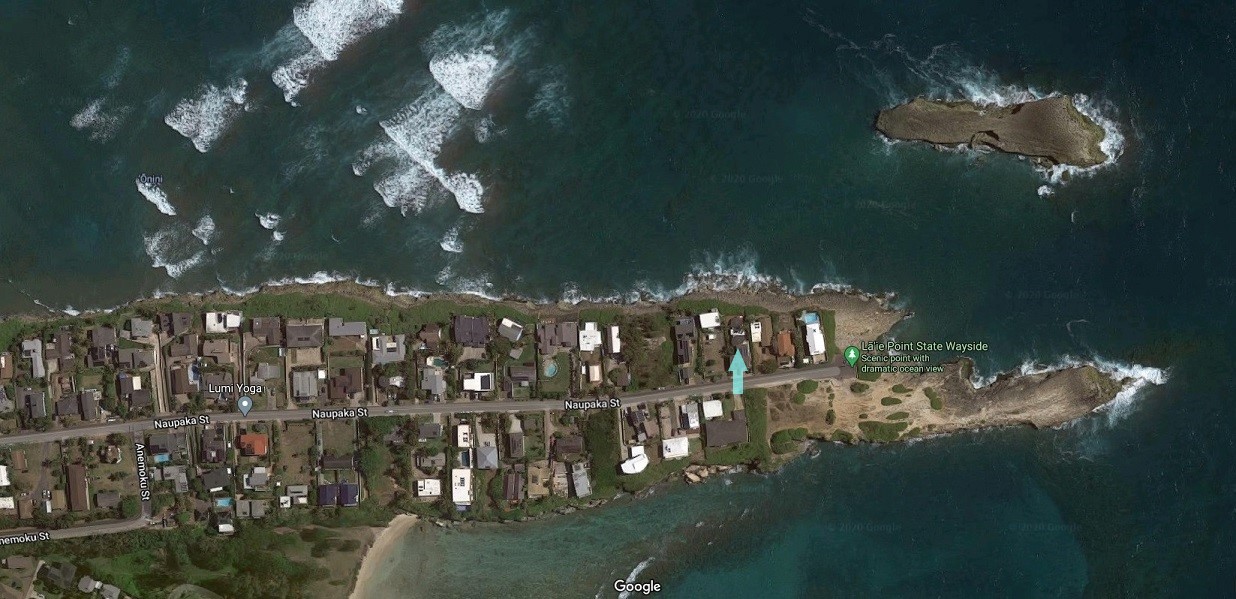 Aerial view of Laie Point and Naupaka Street