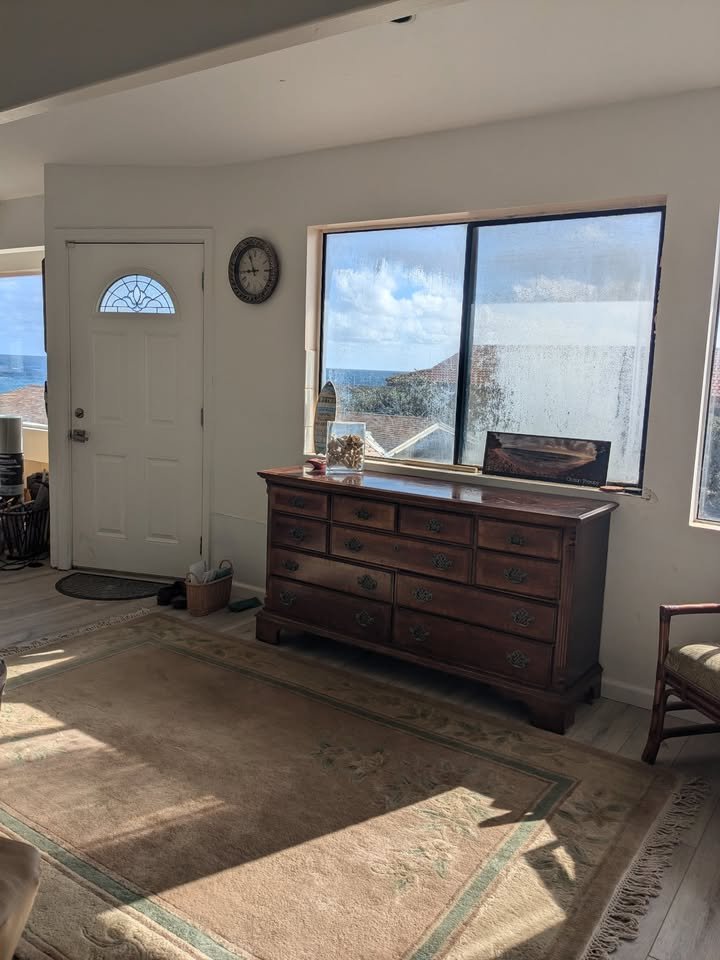 Kitchen sink with palm tree and ocean view